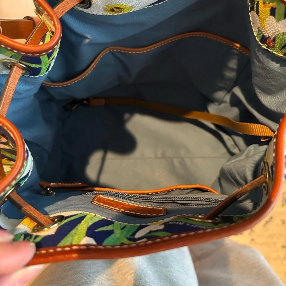 Dooney & Bourke Blue Floral Bucket Bag with Tan Trim - Picture 13 of 13